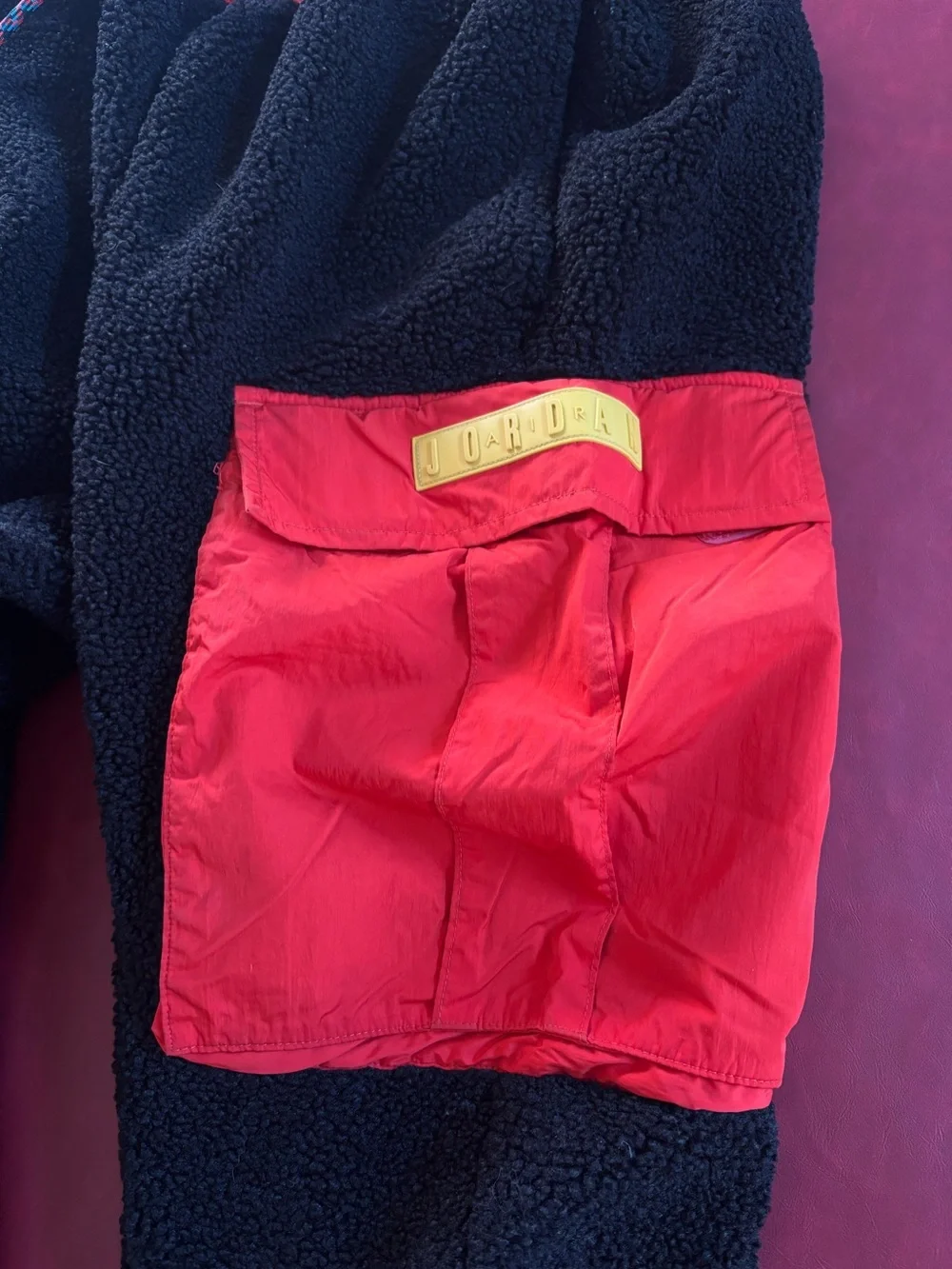 Jordan Black Sherpa Joggers with Red Waistband and Yellow Patch